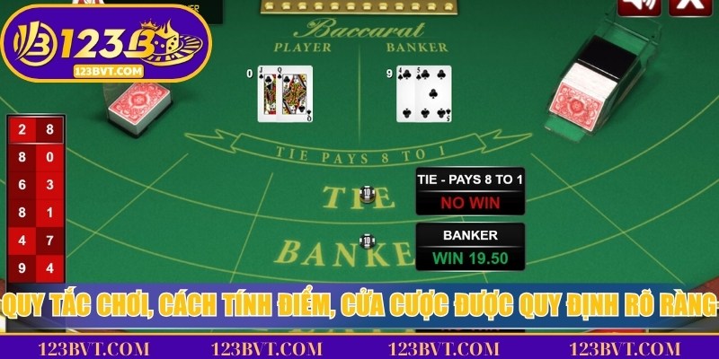Luật chơi và cách tính điểm Baccarat online được quy định rõ ràng với 3 cửa Player, Banker, Tie